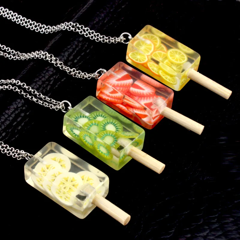 

New Sweet Handmade Transparent Resin Popsicle Fruit Strawberry lemon Pendant Necklace Sweater Chain Statement Jewelry For Women