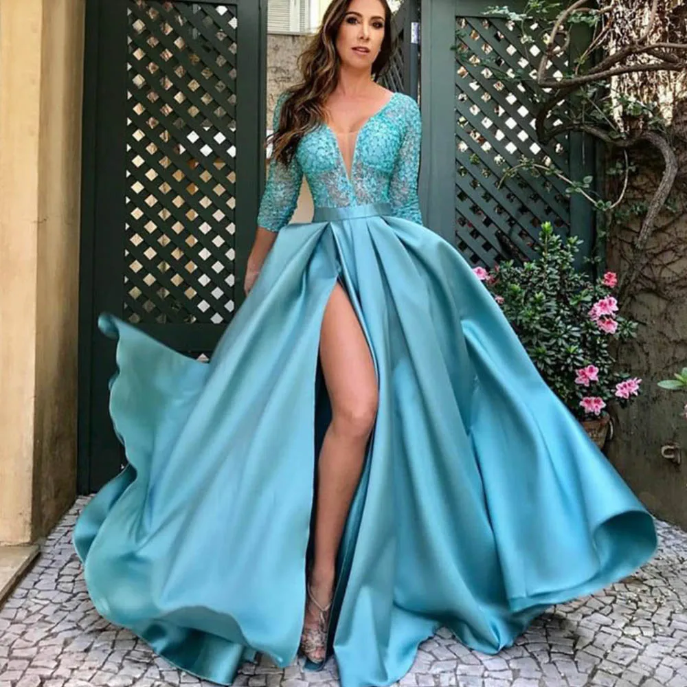 

V-Neck Peacock Evening Dresses Elegant Satin A line Lace Long Sleeves High Slit Illusion Bodice Sexy Party Dresses