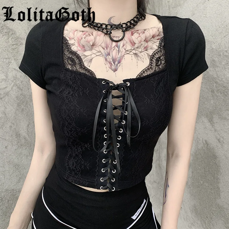 

Lolita Goth Harajuku Hollow Out Bandage Short Sleeve Crop Tops Gothic Lace Bodycon Tshirts Women Casual Fashion Summer Tops Tee