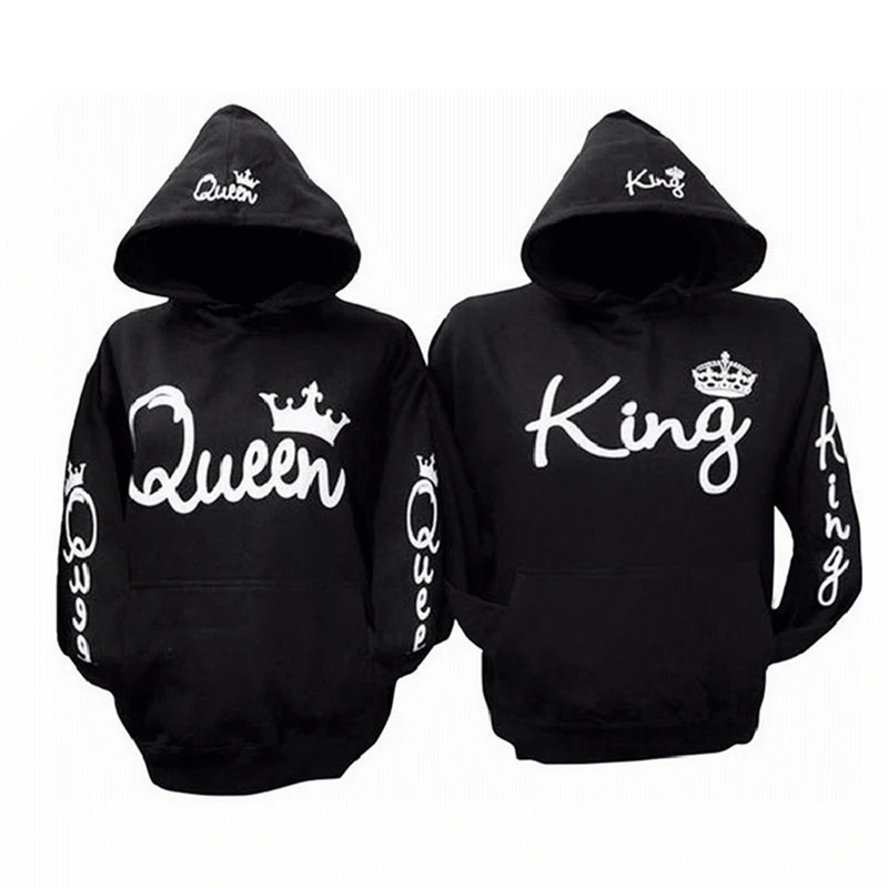 Новая мода пары хлопковые свитшоты Для женщин Для мужчин King queen повседневная с буквенным принтом с длинными рукавами, для влюбленных, спортивные толстовки с капюшоном