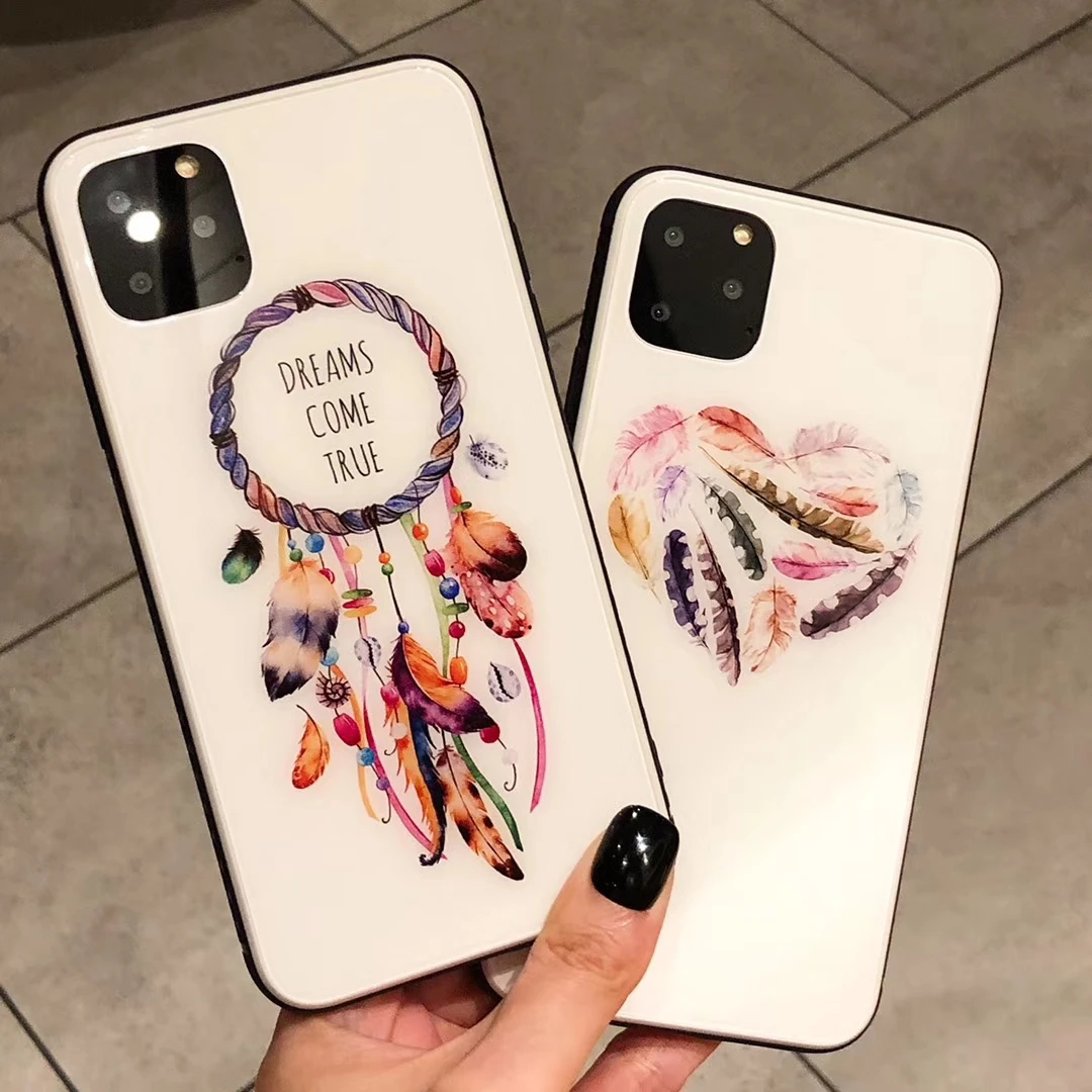 Роскошный красочный чехол из закаленного стекла для телефона для iphone 7 8 6 6s Plus XS Max XR X Ловец снов перо Глянцевая стеклянная крышка для телефона F