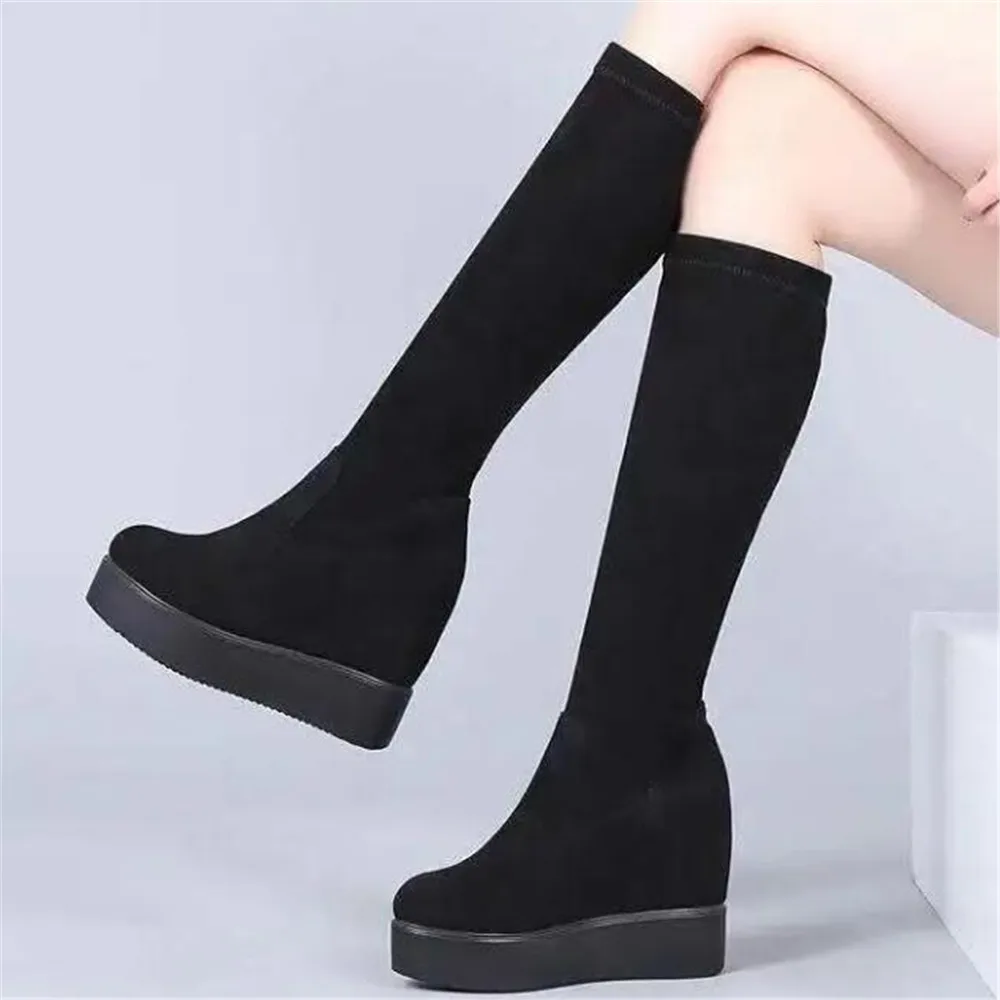 

High Tube Boots Women 2022 New Flock Rear Lace Up Knight Booties Thick Bottom Shoes Inner Increase Elastic Fashion Boots Black