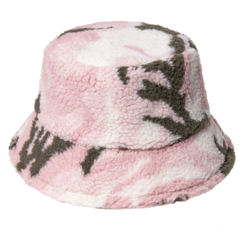 

Women Men Multicolor Camouflage Print Bucket Hat Winter Warm Thicken Faux Fleece Sunscreen Packable Fuzzy Fisherman Cap
