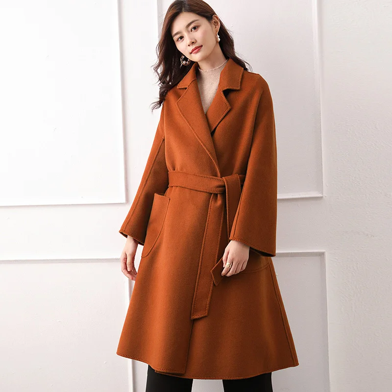 

Женское Двустороннее пальто, простое и свободное шерстяное пальто ручной работы средней и длины, Осень-зима