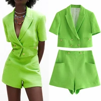 womens suit office green fruit suit leisure fashion tight suit 2021 womens short suit shorts setssuit femalecrop top