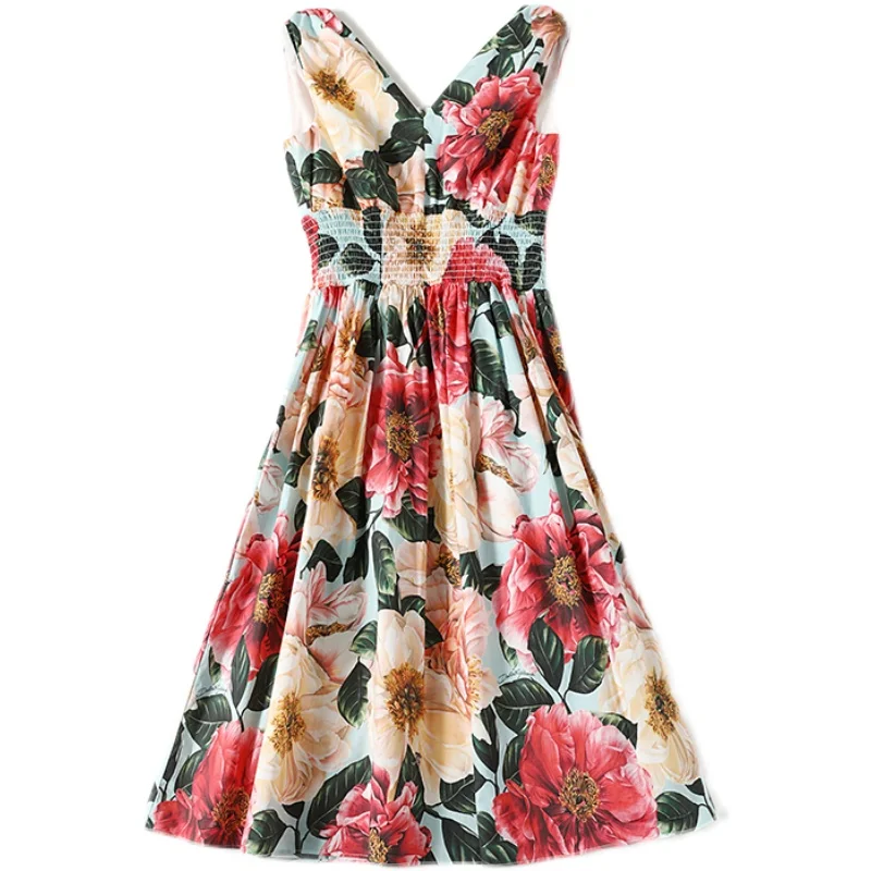 

Summer Retro Camellia Floral Print Cotton Dress Women's Sleeveless V-Neck V Back Elastic Waist Boho Midi Dress k8671