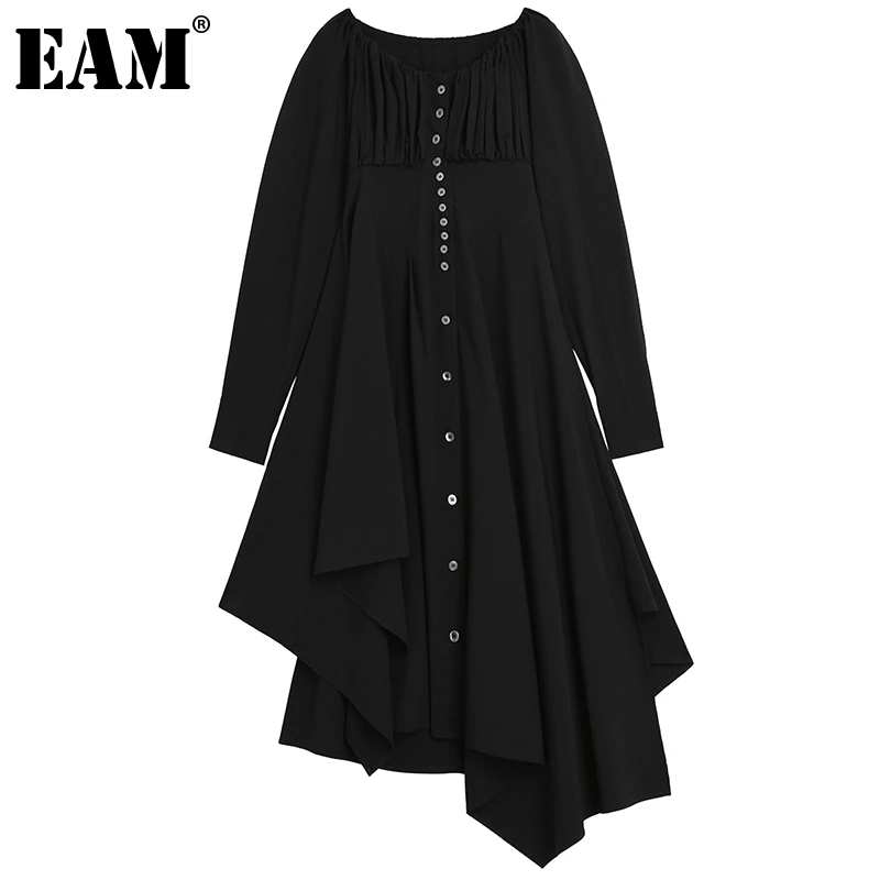 

[EAM] Women Black Single Breasted Irregular Dress New Round Neck Long Sleeve Loose Fit Fashion Tide Spring Autumn 2021 1DE2132