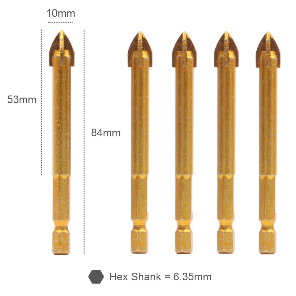 

5 Pcs Drill Bits Hex Shank Cross Spear Head Titanium For Ceramic Tile Marble Glass Drilling Cutting Woodworking Tool Accessories