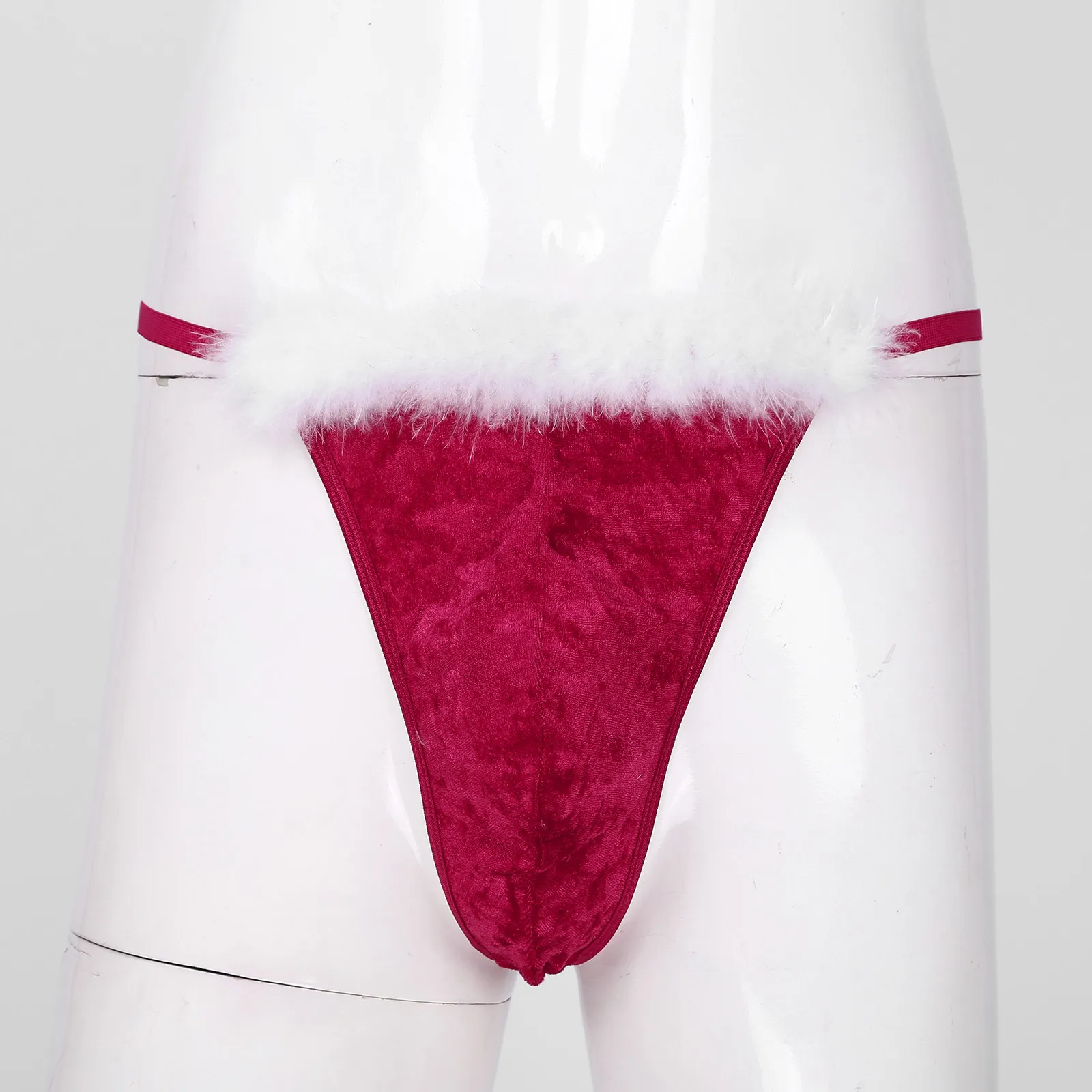Мужские красные бархатные стринги с белыми перьями для рождества нижнее белье