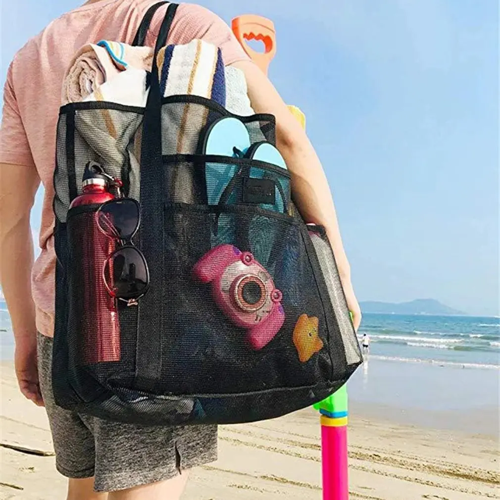 

8 Pockets Summer Large Beach Bag For Toys Waterproof Underwear Pocket Beach Tote Bag For Towels Mesh Durable Beach Bag