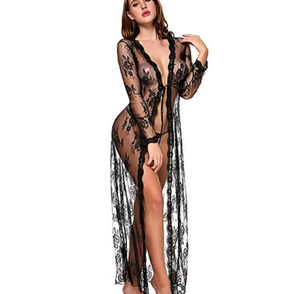

Sexy Lingerie Nightdress Ladies Lace Cardigan Long Night Gown See-through Pajamas with Panties Sexy Lingerie Porno