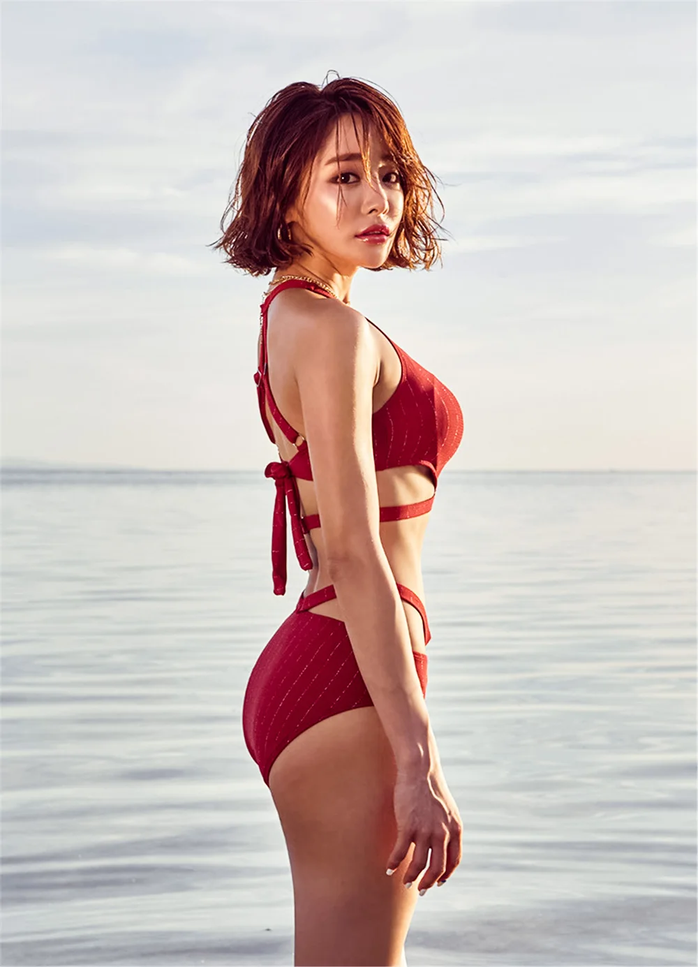 Женский купальник с высокой талией красное Бандажное бикини 2020|Купальники| |