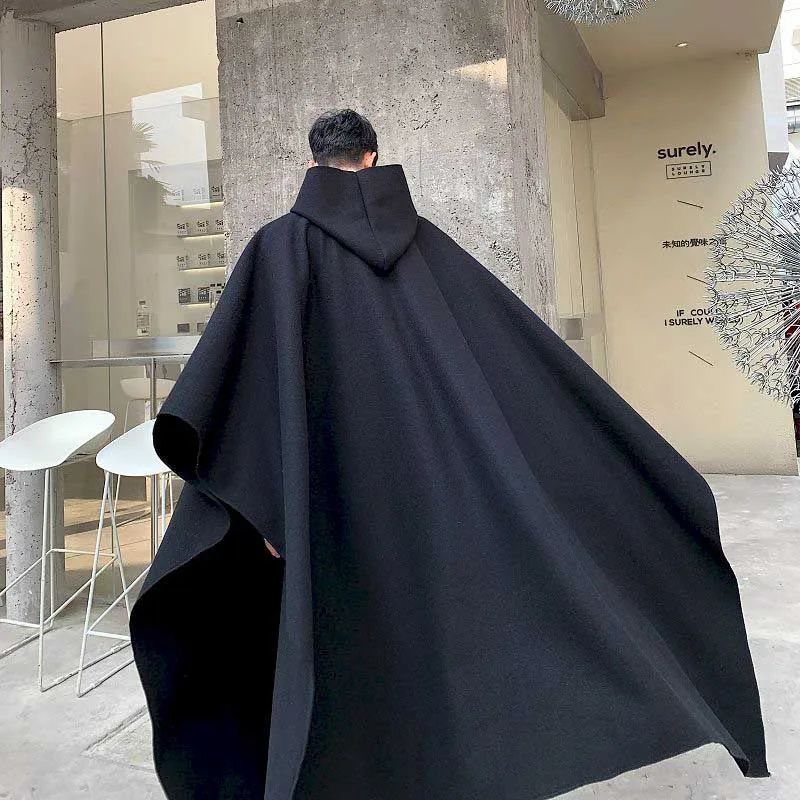 

Autumn and winter super loose men's hooded windbreaker woolen coat new solid color Yamamoto wind dark black personality mid-leng