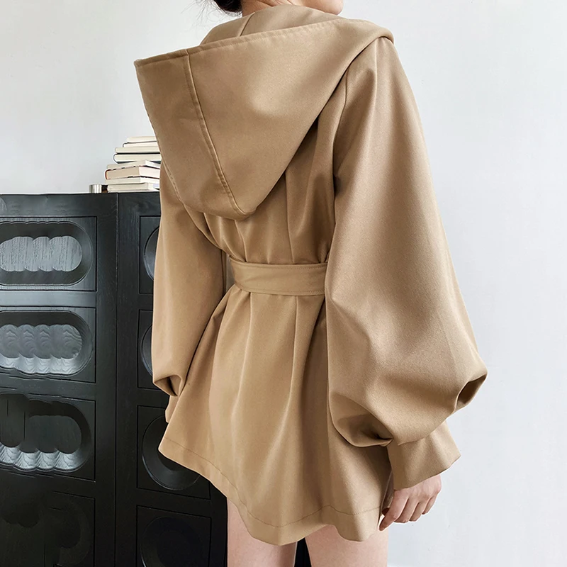 

LVOWE 2021 Autumn And Winter Korean Temperament Skirt Type Waist Waist Tie Trench Coat Jacket Female Profile Hooded Women Coat