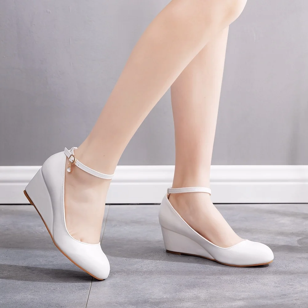 

Women Fashion High Heels Shoes Plus Size Platform Wedges Female Pumps Women White pu Buckle Ankle Strap Woman Wedding Shoes
