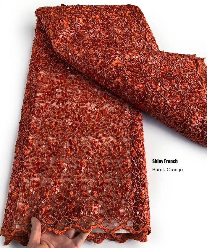 Burnt Orange Мягкое лимонно-зеленое сложное вышитое Африканское гипюровое кружевное Смешанное блестящее французское Тюлевое кружевное полотно по всей поверхности с маленькими блестками 5 ярдов - Цвет: Burnt Orange