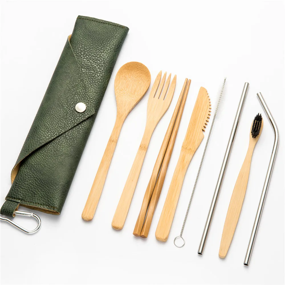 10pcs set008 Японский многоразовый набор деревянных столовых приборов, бамбуковые столовые приборы, вилка, ложка, набор ножей, набор соломенных столовых приборов с тканевой сумкой, кухонные инструменты для еды - Цвет: 10pcs set008