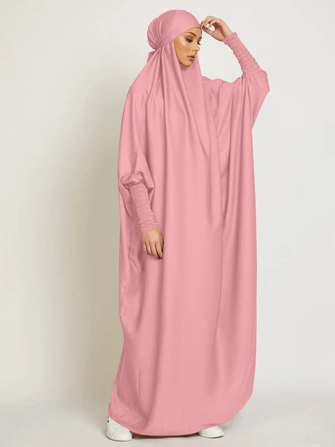Muslim Women Jilbab One-piece  Prayer Dress Hooded Abaya Smocking Sleeve Islamic Clothing Dubai Saudi Black Robe Turkish Modesty 5