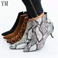 hot womens ankle boots snake leopard pointed toe ladies chunky thin high heel side zipper female shoes woman footwear plus35 43