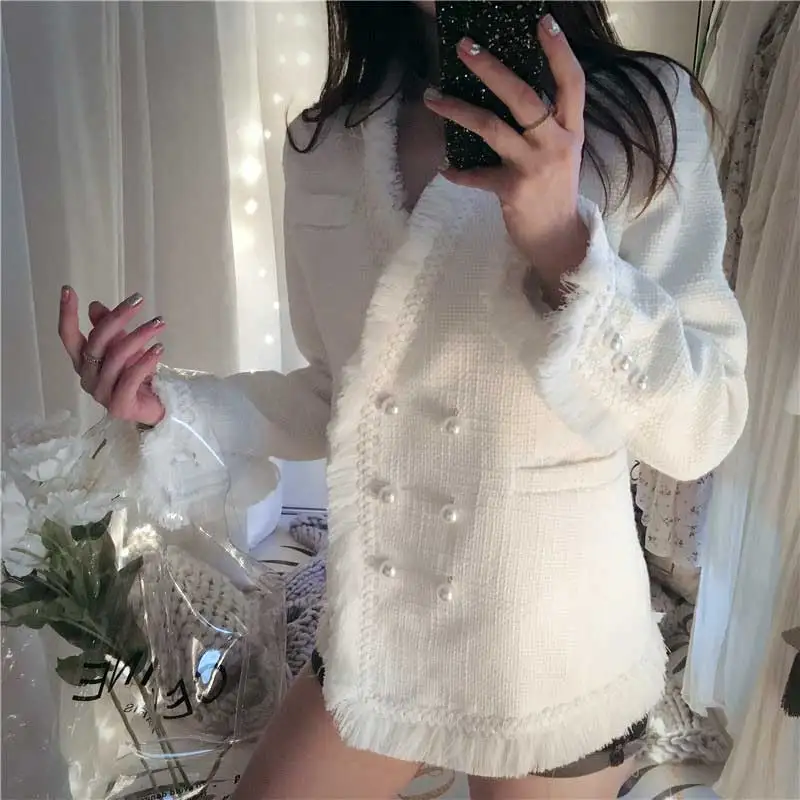 Женский шерстяной пиджак YAMDI в стиле бохо элегантный белый твидовый с высокой