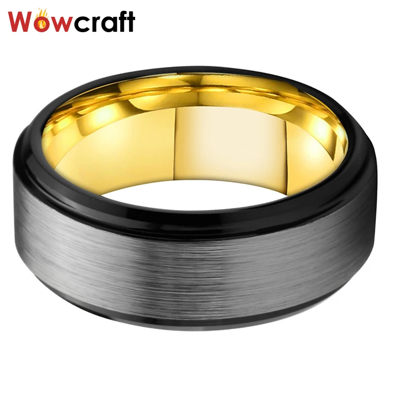 Обручальные кольца для мужчин вольфрамовые черные золотые со скошенными краями