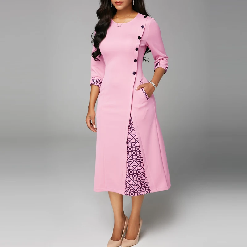 Женское платье миди в клетку с круглым вырезом и карманами|Женские платья| |