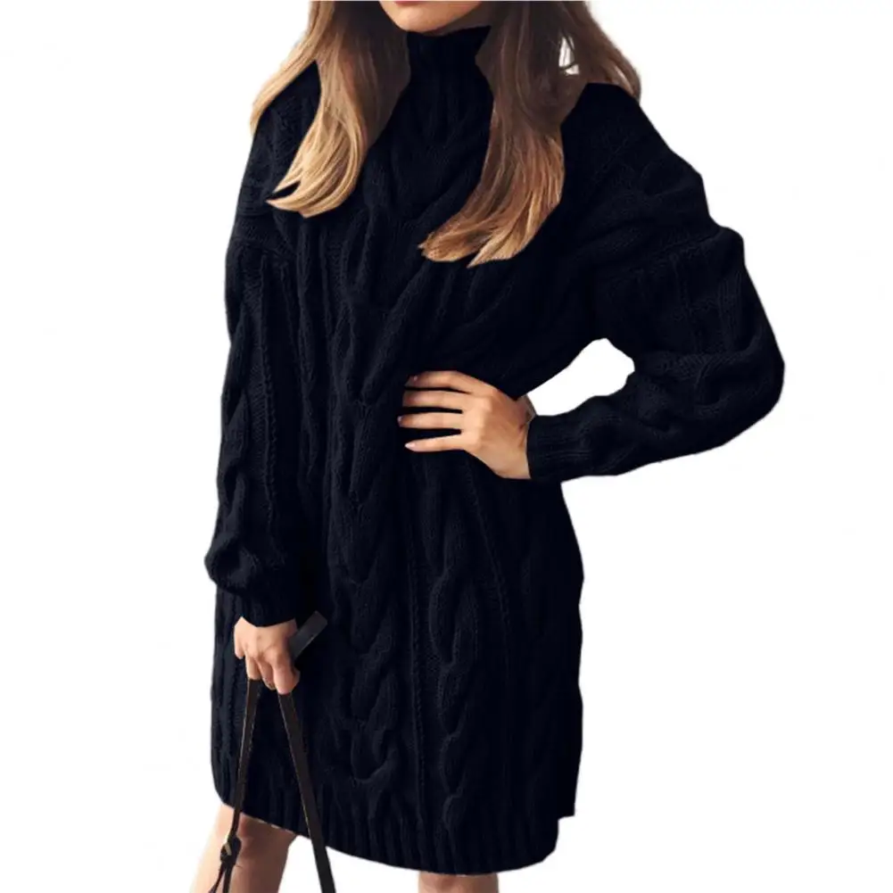 Lady Sweater Dress Solid Color Warm  High Collar Twisted Long Sleeve Dresses Knitted Pullovers Sweaters for Work