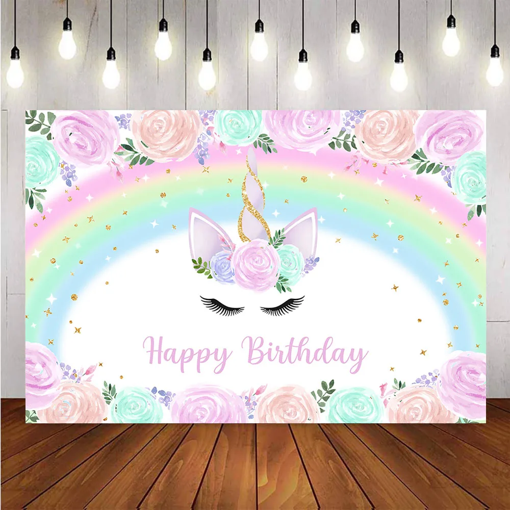 

Unicorn rainbow backdrop for photography studio newborn baby happy birthday flower colorful background for photo shoot customize