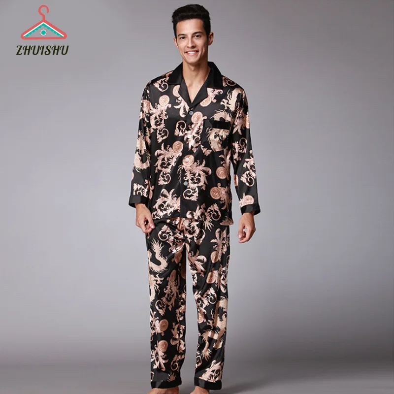 

ZHUISHU 2PCS men sleepwear Satin Kimono Bathrobe Golden Dragon Knee Length Long Sleeve Bath Robe Dressing Gown Sleepwear R124