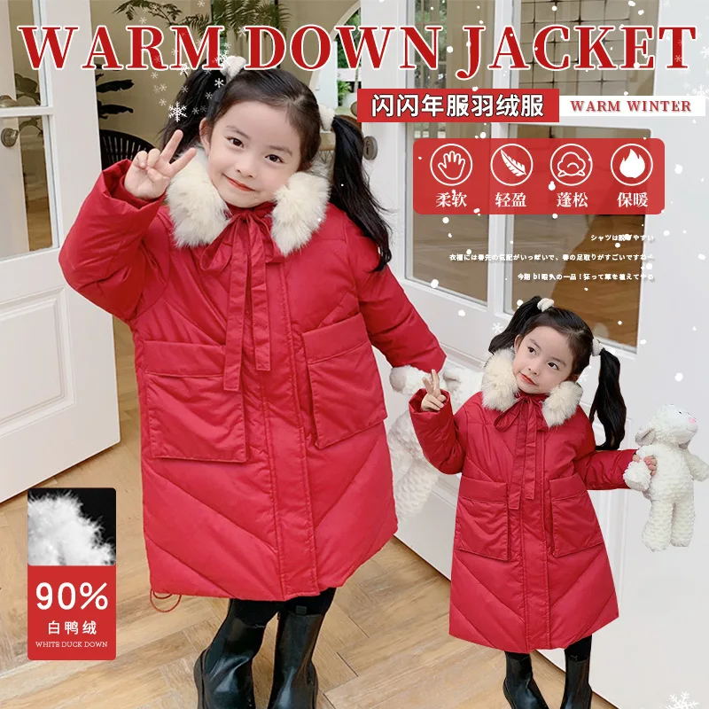 Mila Chou 2021 Winter Baby Girl Fur Collar Down Children's 90% White Duck Down Thickened Jacket Kids Red Long Coat Overcoat 2-8Y