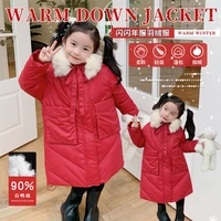 mila chou 2021 winter baby girl fur collar down childrens 90 white duck down thickened jacket kids red long coat overcoat 2 8y