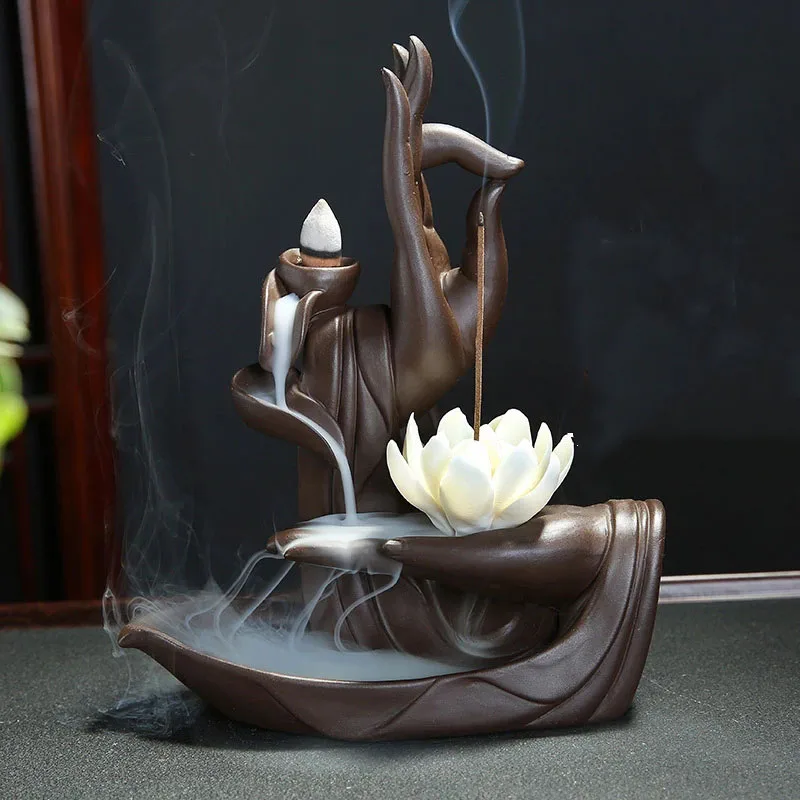 

Backflow Incense Burner Ceramic The Monk Buddha Hand Holder Bigger Tower Censer Incense Cones Smoke