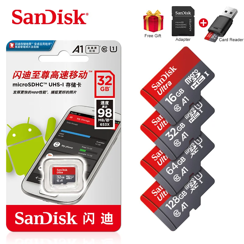 

SanDisk 32GB 64GB 128GB Micro SD Card A1 U1 UHS-I 16GB microSDHC 98MB/s Full HD Flash Memory Card Class 10 TF Card with Adapter