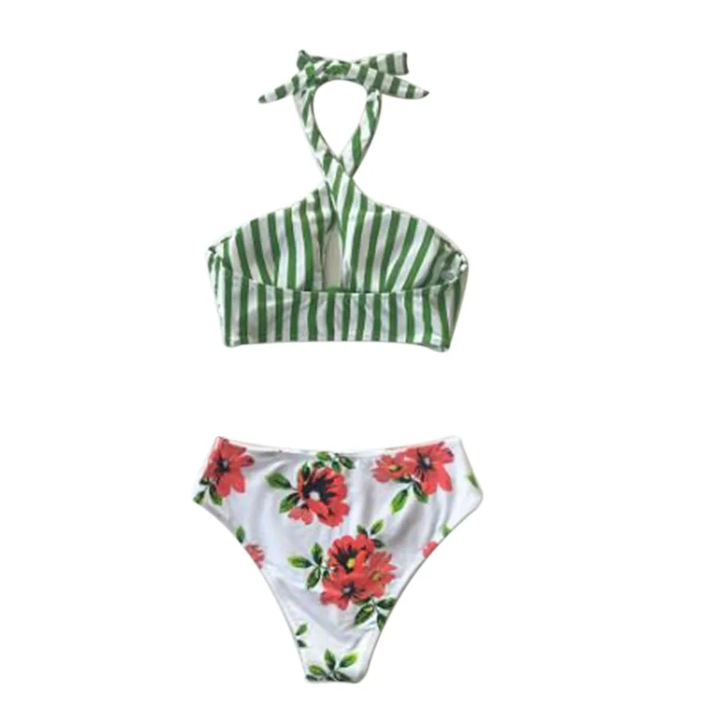 

AA Women Two-piece Bathing Suit Summer Lace-up Striped Top High Waisted Flower Print Swimming Suit Ladies Beachwear Biquini