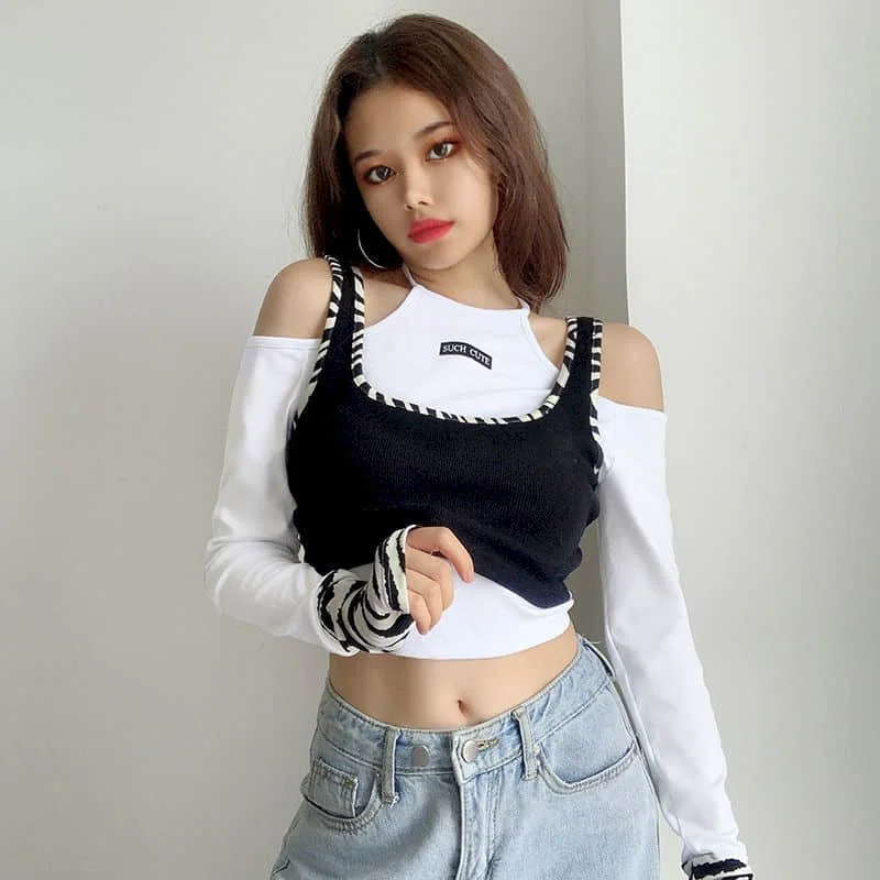 

2021 Summer Spring Casual Long Sleeve Korean Punk Sweatshirt Shirts for Women Goth BM Style Sexy Print Ladies Tops Off Shoulder