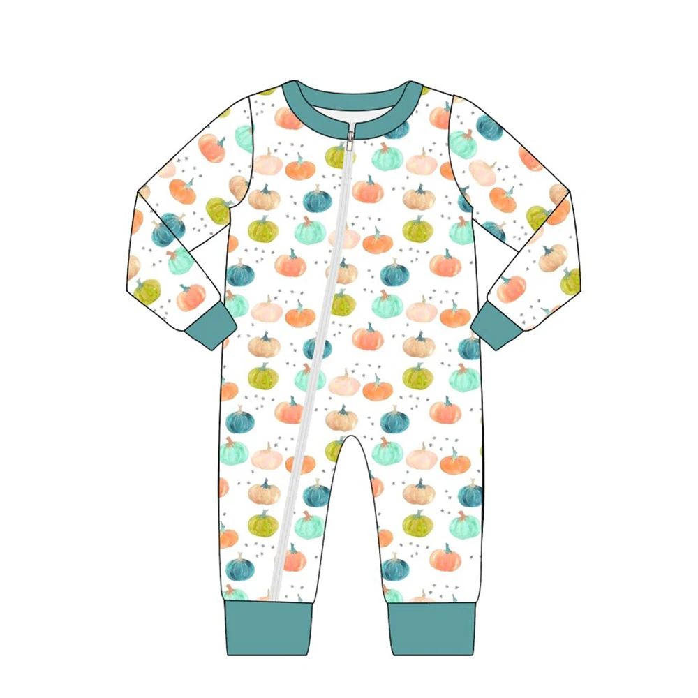 

Summer Clothes Boy White Long Sleeves Green Cuffs Halloween Colorful Pumpkin Print Pattern Toddler Romper