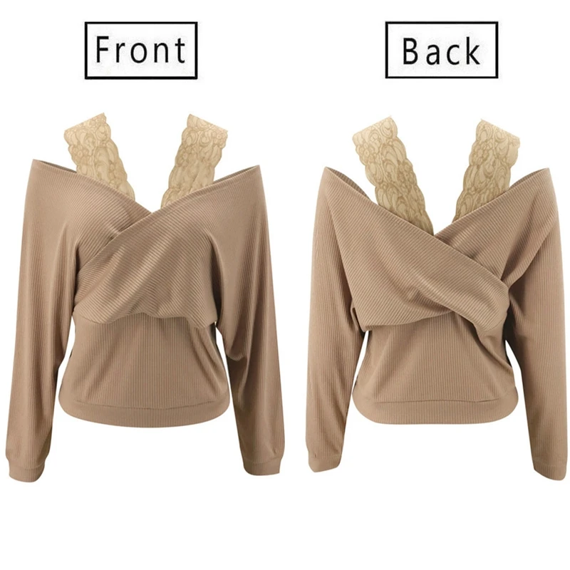 

Women Spring Autumn T-Shirts Design Lace Decor Off Shouldedr Sexy V-neck Tshirts Long Sleeve White Casual Loose Pullovers Tops