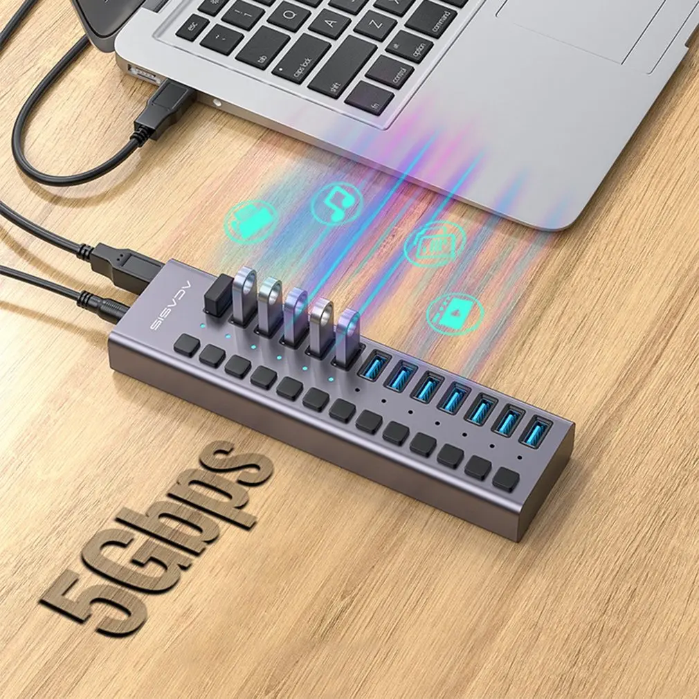 

USB Hub 3.0 13 Port USB 3.0 Hub Splitter High Speed 5Gbps LED Indicator With Power Adapter for MacBook Laptop PC
