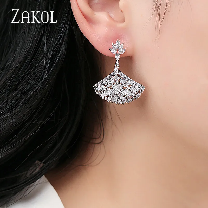 ZAKOL новые элегантные роскошные большие серьги с фианитами с креплением микро-ПАВЕ, хрустальные люстры-вентиляторы Форма серьги в виде капель для Для женщин свадебные Brincos, можно носить с FSEP2069