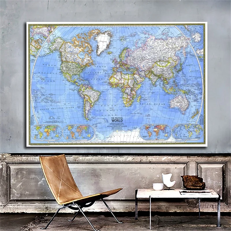 

Natural World Map (1975) Horizontal Version World Political Physical Map for Rooms Office Home Decorations Wall Art Posters