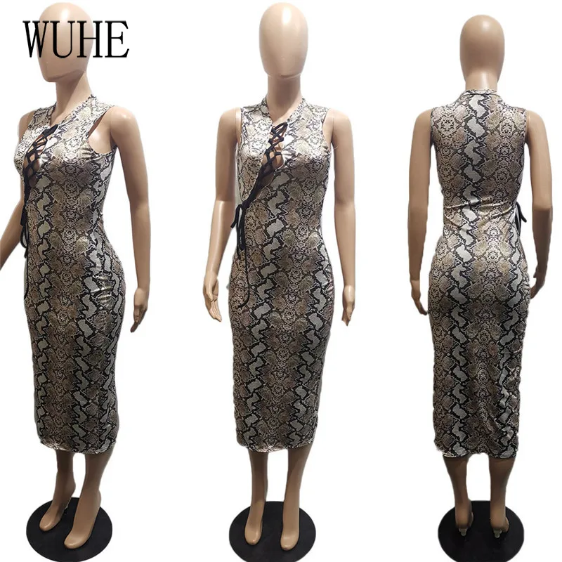 

WUHE Serpentine Print Vintage Party Dress Cross Lace Up Bandage Hollow Out Sexy O Neck Sleeveless Strapless Nightclub Dresses