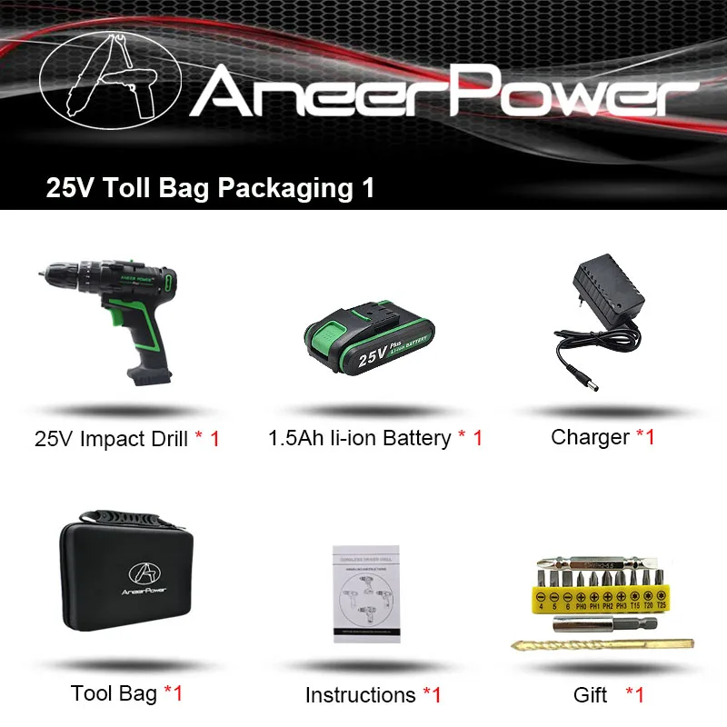 

Аккумуляторный шуруповерт ANEERPOWER 25В