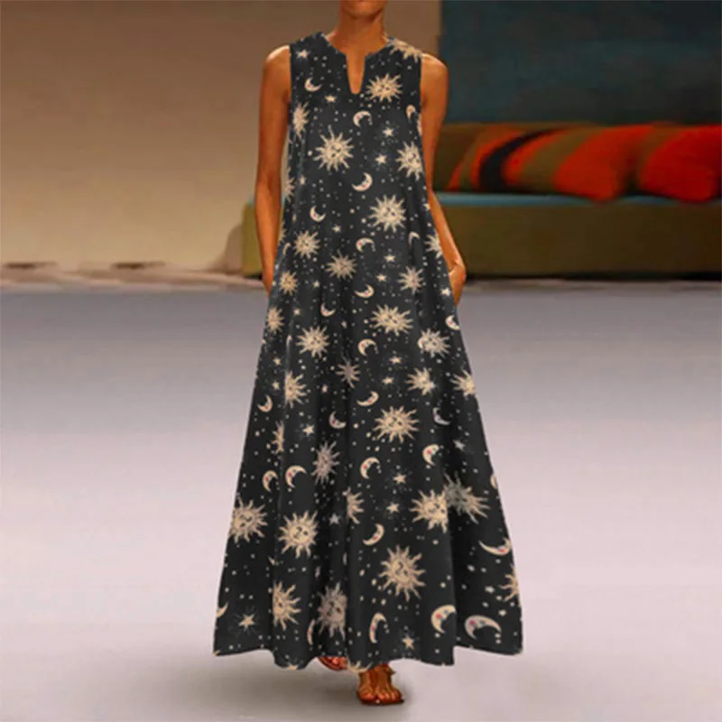 

2021 spring summer hot sale retro print dress V-neck sleeveless sleeveless pullover dress