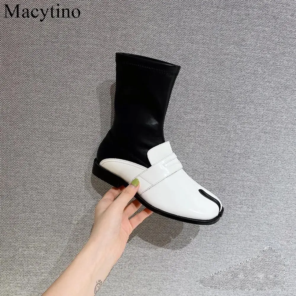 

Comfortable Design Women Ankle Boots Split Toe Flat Sock Boots Soft Leather White Black Military Boot Autumn Winter Shoes Woman