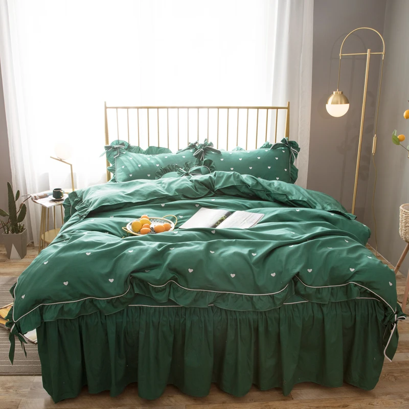 

Pure Cotton Bedding Sets Green Duvet Cover Sets Luxury Bed Linen Princess Bed Skirt Twin Full Queen King Embroidered Bedclothes