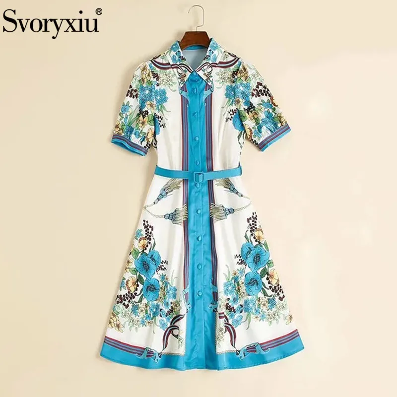 

Svoryxiu Fashion Designer Summer Dress Women's Short Sleeve Single-Breasted Flower Print Blue Short Dresses Vestdios