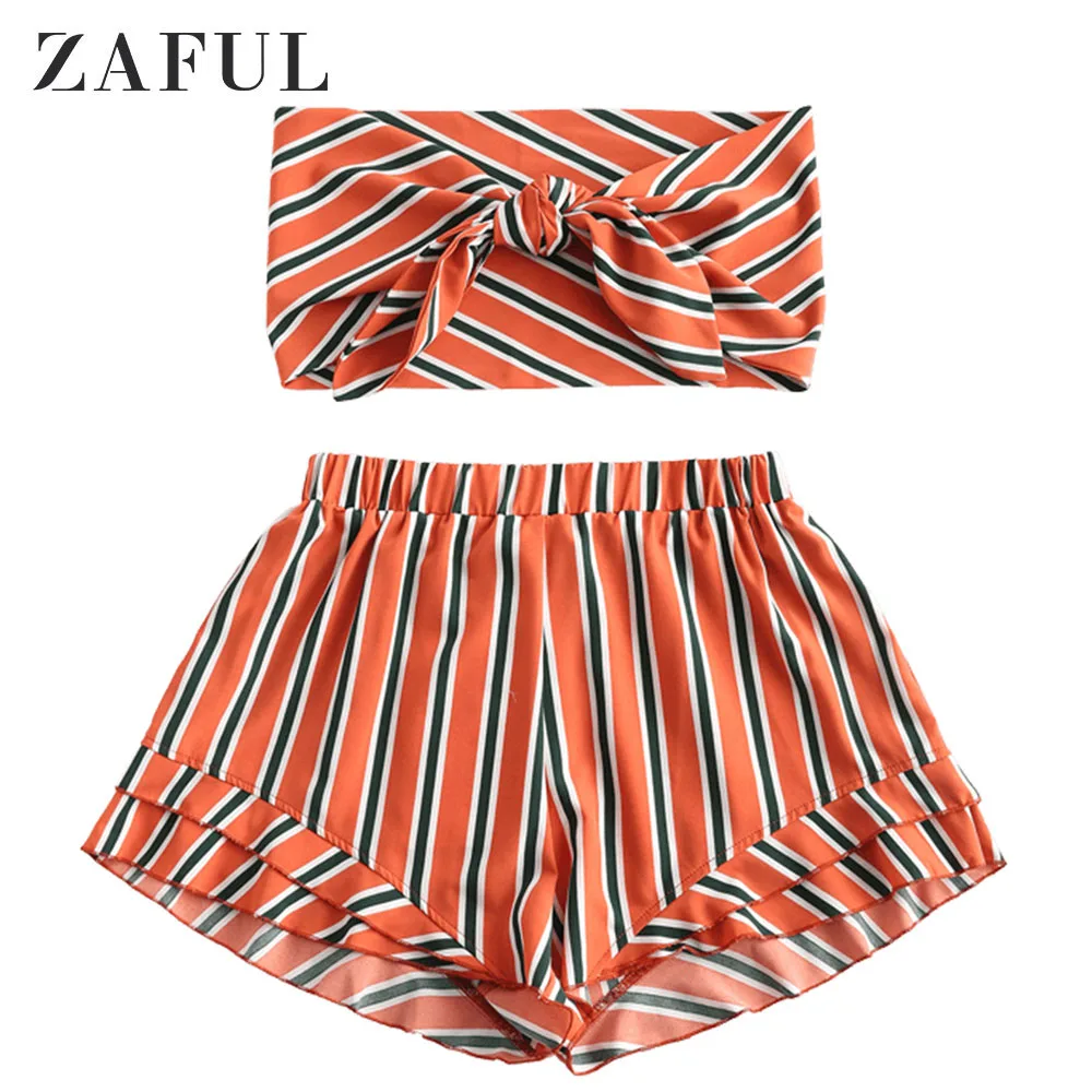 Женский комплект из 2 предметов ZAFUL летний бандо с узелком и шорты топ в полоску