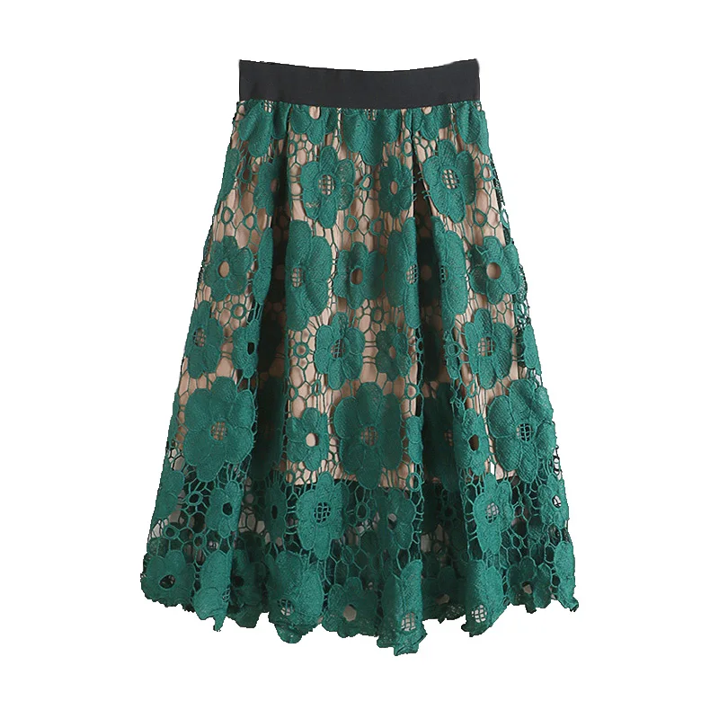 

2021 Autumn Winter Women New Elastic Waist Thinner Mid-Length Zipper Hollow Crochet Lace Skirt Female