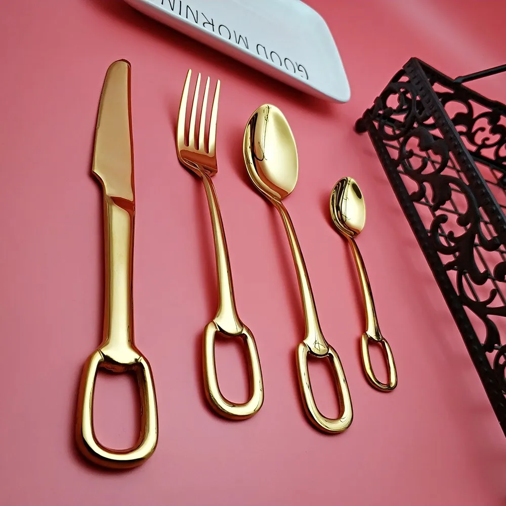 

Hot new style square hole series bright gold-plated 304 stainless steel knife fork spoon coffee spoon tableware cutlery set