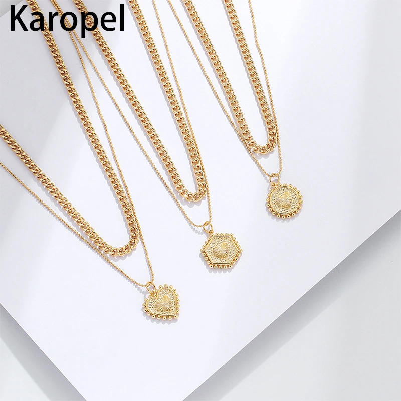 

Karopel Двухслойное ожерелье с любовным сердцем Золотая массивная толстая цепь шестигранное кольцо геометрические формы, кулон, ожерелье для женщин ювелирные изделия